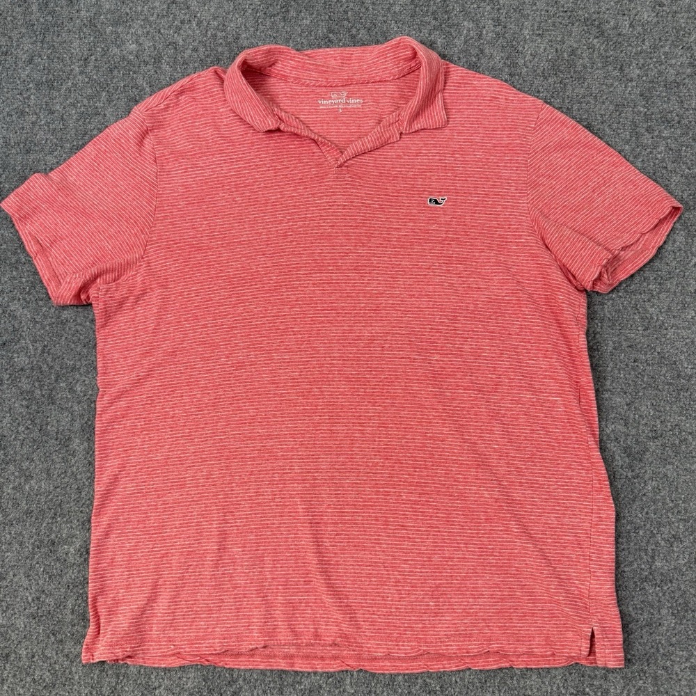 🐳 Vineyard Vines Men's Large Polo Shirt Pink Striped Linen Cotton Whale Logo